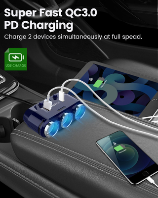 YANTU B39 Portable Wired Charger Mini Car Charger Phone Charger 3 Socket 2 USB Cigarette Lighter for Car