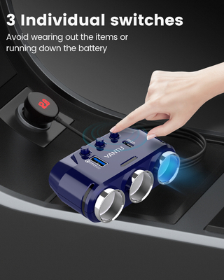 YANTU B39 Portable Wired Charger Mini Car Charger Phone Charger 3 Socket 2 USB Cigarette Lighter for Car