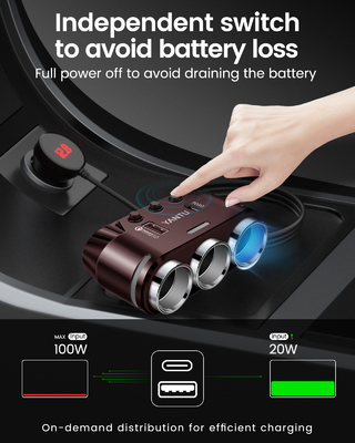 12V Car Mobile Charger with Dual USB QC PD Cigarette Lighter and Voltage Monitoring