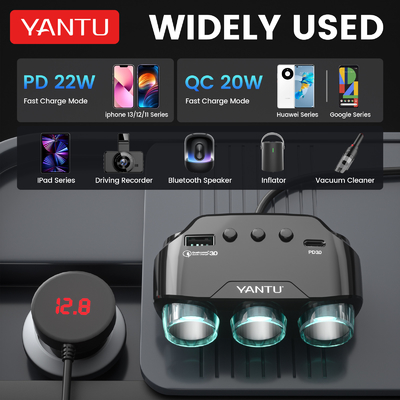 Professional 12V-24V Cigarette Lighter with 2 Charging Ports and Voltage Monitoring