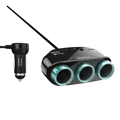 12v-24V Car Charger Adapter With Voltage Monitoring and 3 Sockets for Black Vehicles