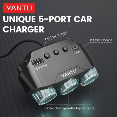 12v-24V Car Charger Adapter With Voltage Monitoring and 3 Sockets for Black Vehicles
