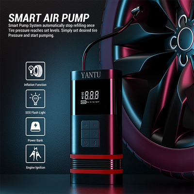 Grey Black YANTU Portable Car Tire Inflator Pump 150PSI 7500mAH Wireless Pump With Jump Starter Power bank
