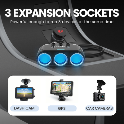 YANTU B39 Truck 12V-24V Socket Extension Cord with 3 Way Dual USB Charger and Switch Black