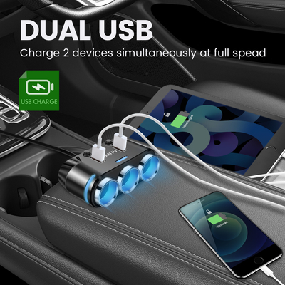 Intelligent Controller Car Cigarette Lighter Adapter with 3 Sockets and Dual USB Ports