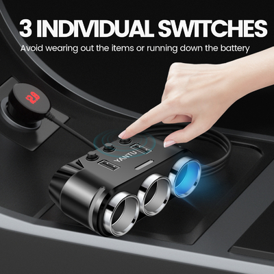 Intelligent Controller Car Cigarette Lighter Adapter with 3 Sockets and Dual USB Ports