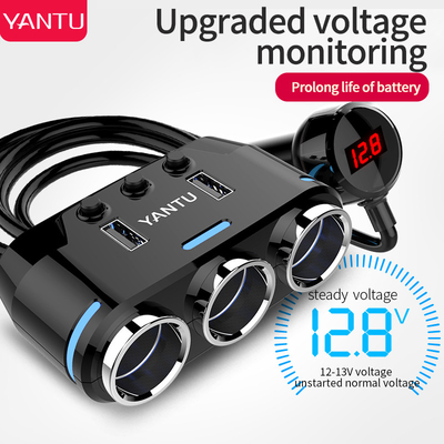 YANTU B39 12V USB Waterproof Car Charger Socket With LED Voltmeter Switch 3 Charging Ports