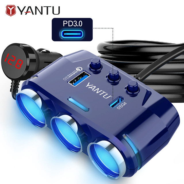 YANTU B39-C Mini Car Charger 3 Sockets 2 USB Ports 12V QC PD with Voltage Monitoring