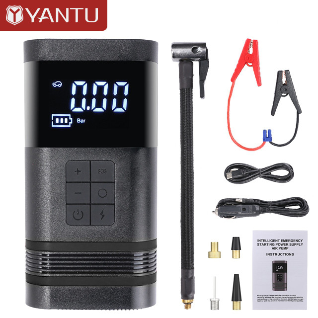 Grey Black YANTU Portable Car Tire Inflator Pump 150PSI 7500mAH Wireless Pump With Jump Starter Power bank